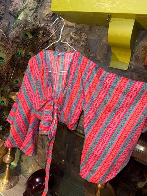 Free Size Pink and Aqua Paisley Stripes Wrap Crop Top with Flowy Long Sleeves Eclectic Clothes