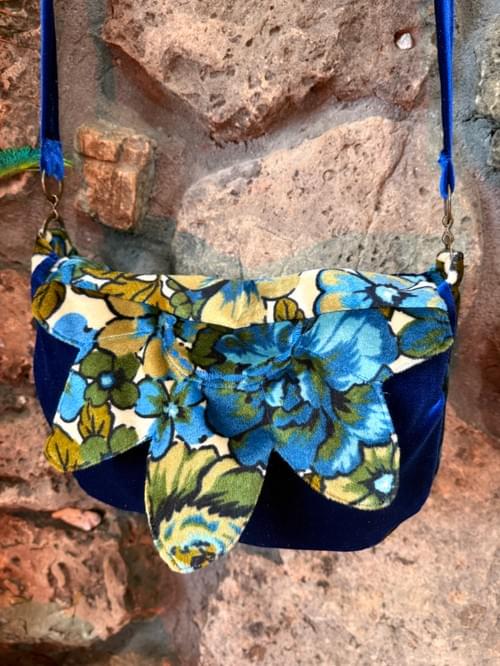 Handmade Psychedelic Slouchy Messenger Purse Navy Blue Vintage Fabric and Stretch Velvet Eclectic