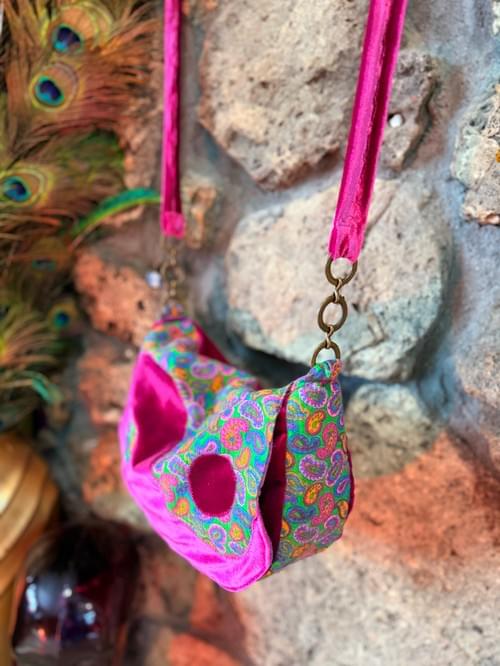 Handmade Psychedelic Slouchy Messenger Purse Magenta Vintage Fabric and Stretch Velvet Eclectic