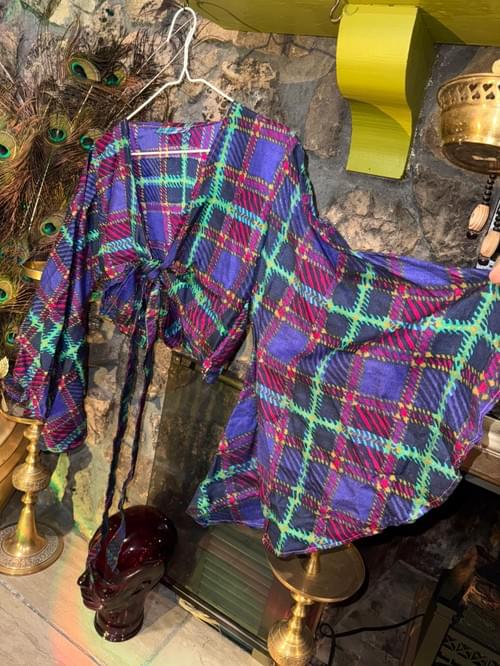 Free Size Electric Plaid Wrap Crop Top with Flowy Long Sleeves Eclectic Clothes 1