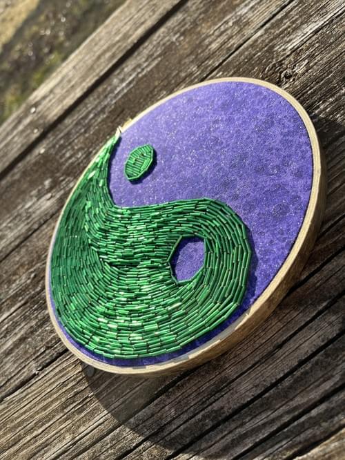 Emerald Green and Purple Hand Beaded Yin Yang Hoop Eclectic Decor