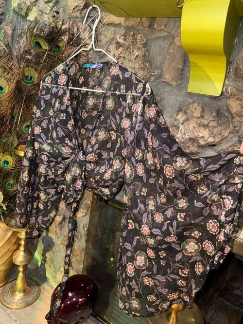 Free Size Sheer Floral Wrap Crop Top with Flowy Long Sleeves Eclectic Clothes
