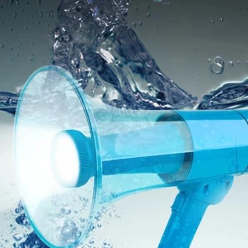 Waterproof handheld amplifier speaker, voice and alarm mode, volume control with 1.5W LED light