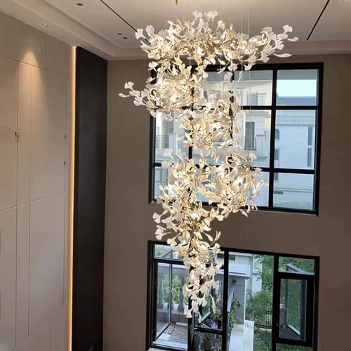 Luxury Custom Ceramic Ginkgo Leaf Chandelier for Stairwell