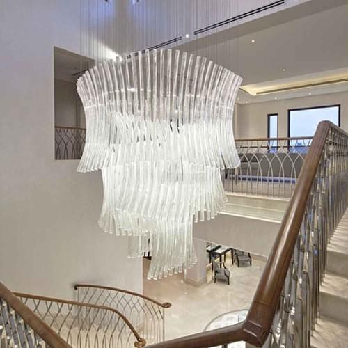 Modern Spiral Glass Chandelier for Duplex Staircase Lighting