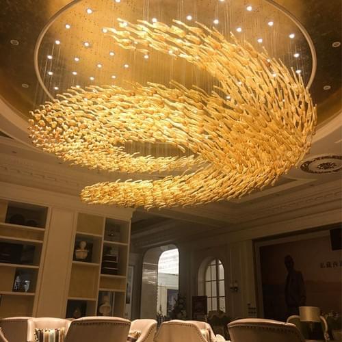 Large Amber Glass Flying Fish Chandelier for Banquet