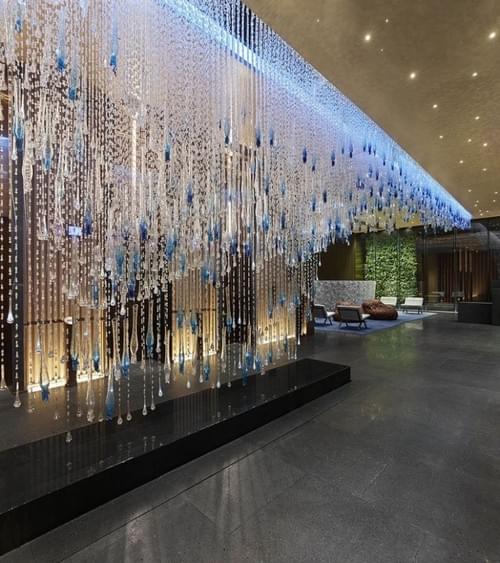 Crystal Linear Chandelier with Blue Glass for Reception