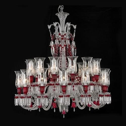 24-Light Red Baccarat-Style Glass Shade Chandelier