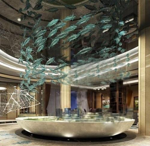 Grand Green Glass Fish Chandelier for Open Lobby