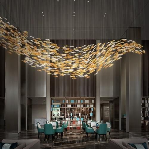 Clear & Amber Glass Flying Fish Chandelier for Lobby