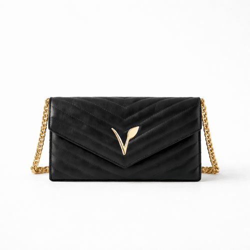 Black Herringbone Vegan Flap Bag