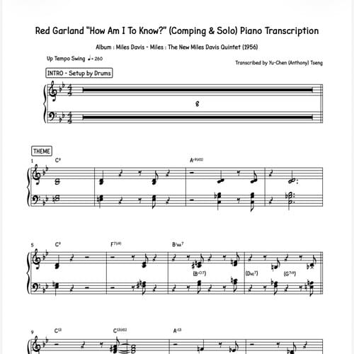 Red Garland "How Am I To Know ?" (Comping & Solo) Piano Transcription