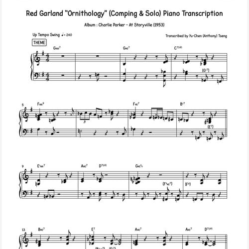 Red Garland "Ornithology" (Comping & Solo) Piano Transcription
