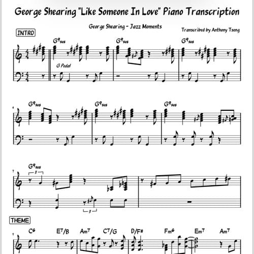 George Shearing "Like Someone In Love" Piano Transcription