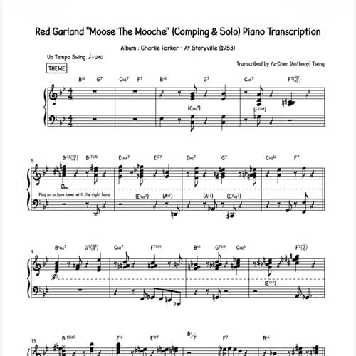 Red Garland "Moose The Mooche" (Comping & Solo) Piano Transcription