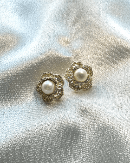 碎鑽花珍珠耳環 - Diamond flower pearl earrings