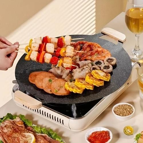 Grill pan, Korean round stovetop pan, non-stick barbecue pan with wooden handle