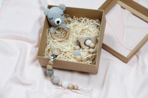 Handcrafted Crochet Bear Baby Gift Set with Wooden Toys