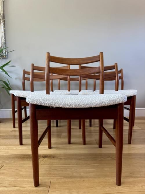 SOLD Jentique Teak 1970s Set of 6 Dining Chairs in Off White Boucle