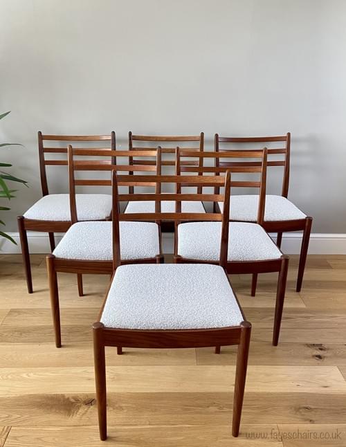 SOLD Mid-Century Retro Set of 6 G Plan Victor Wilkins Teak Dining Chairs Bouclé Fabric