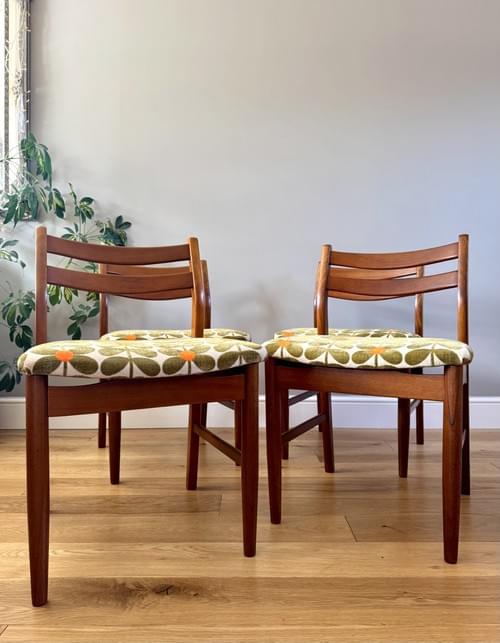 NEW LISTING Jentique Teak Dining Chairs in Orla Kiely 60s Stem Fabric, Set of 4