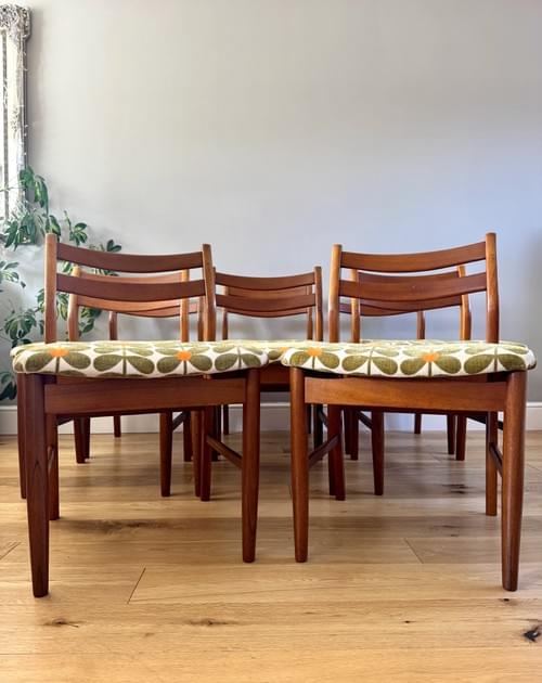 NEW LISTING Jentique Teak Dining Chairs in Orla Kiely 60s Stem Fabric, Set of 8