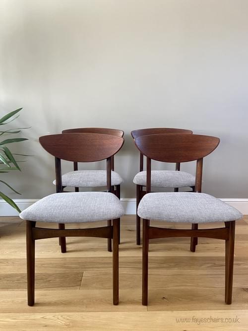 SOLD Mid-Century Modern Set of 4 Teak Butterfly Back Dining Chairs in Taupe Fabric