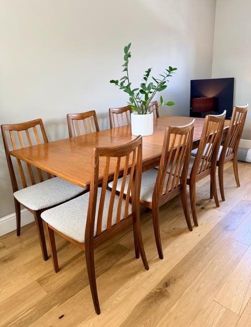 NEW LISTING G Plan 1970s Rectangular Dining Table with a Set of 8 G Plan Chairs