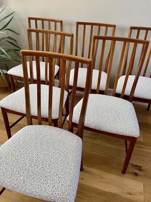 SOLD Mcintosh Set of 6 Teak Dining Room Chairs Retro Mid-Century Modern Boucle Fabric