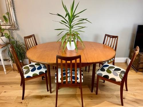 SOLD G Plan Round Table with Set of 6 G Plan Fresco Chairs in Orla Kiely Fabric
