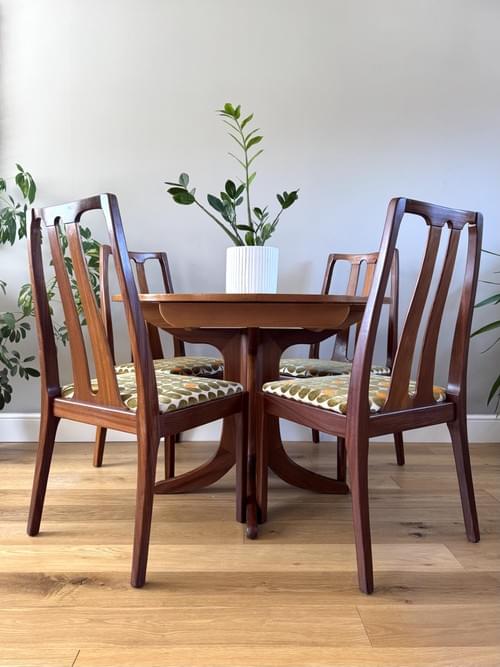 SOLD Nathan 1970s Vintage Retro Mid Century Teak Round Dining Table & Chairs, Set of 4