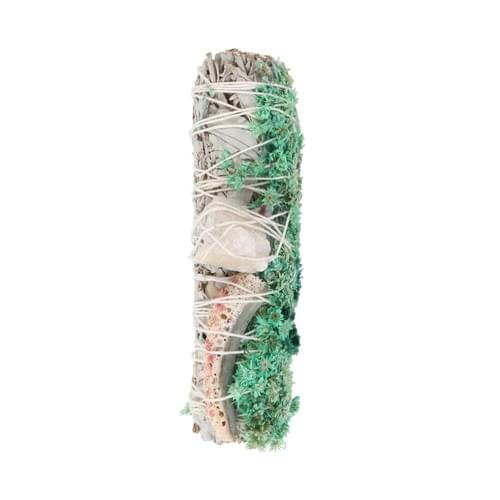 Bastoncino rituale da 15 cm con salvia bianca, abalone e quarzo