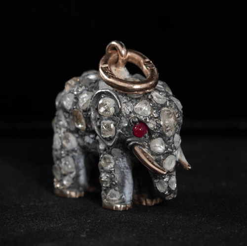 Fabergé Silver and Gold Elephant Pendant by Erik August Kollin, Set with Old‑Cut Diamonds and Ruby