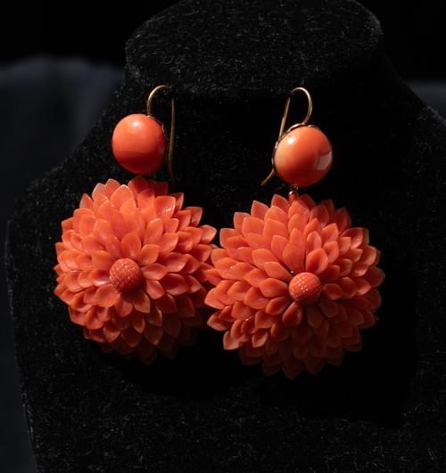 Antique Victorian Carved Coral Chrysanthemum Earrings — Torre del Greco, circa 1860–1880