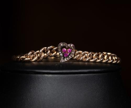 Vintage 14kt Rose‑Gold Curb Bracelet with Ruby and Diamond Heart