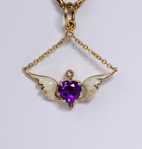 Amethyst and diamond winged heart pendant