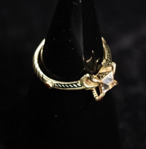 Renaissance-Inspired Ring in 18ct Gold, Fire Enamel and Antique-Cut Diamond