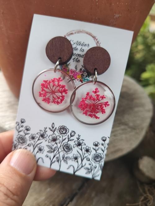 boucles d'oreille clou bois acier inoxydable fleurs de carotte rouge