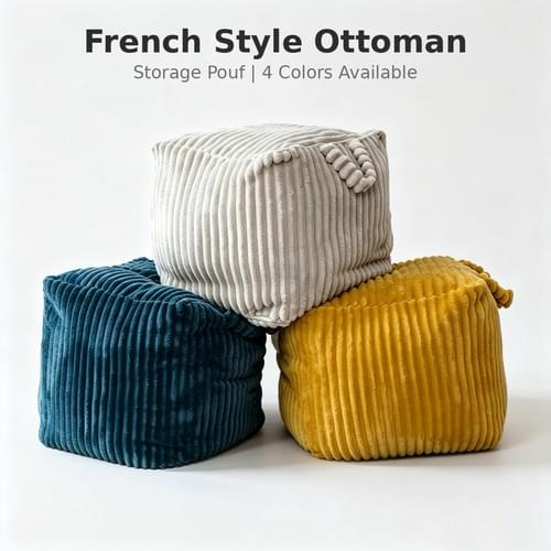 Flannel Ottoman Storage Pouf, 45x45x40cm Corduroy Footstool with Carry Handle, 80L Large Capacit