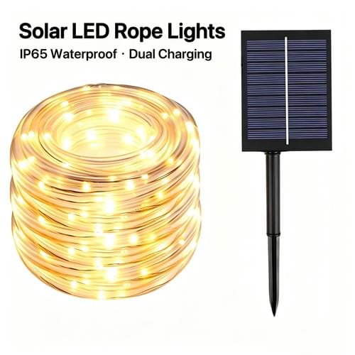 Solar LED Rope String Lights IP65 Waterproof | Solar & USB Dual Charging | 3 Colors 3 Lengths