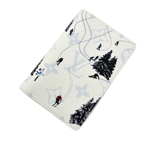 High Quality Winter Ski Pattern Pocket Organizer, White Coated Canvas Slim Bifold Card Holder