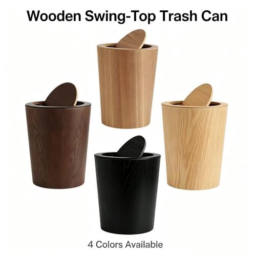 Wooden Swing-Top Trash Can with Removable Plastic Inner Bucket, Round Decorative Waste Bin