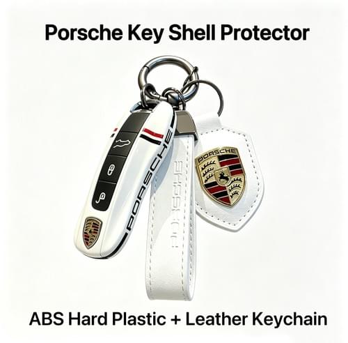 Porsche Stripe ABS Hard Plastic Key Fob Cover with Leather Key Strap & Shield Badge, 6 Colours