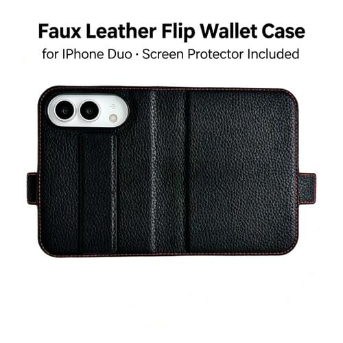 Faux Leather Flip Wallet Case for iPhone Duo with Card Slots & Wrist Strap