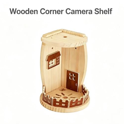 Wooden Corner Camera Shelf Wall Mount with Warm LED & Nail-Free Installation