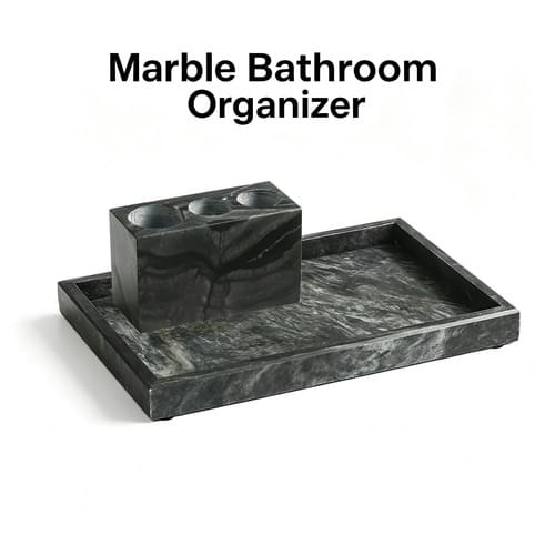 Natural Marble Toothbrush Holder & Bathroom Vanity Tray Set - Wood Grain Stone Organizer
