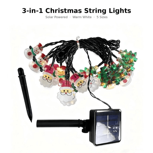 Solar 3‑in‑1 Christmas String Lights,Santa Snowman Tree LED,Warm White Black Wire IP65 Outdoor Decor