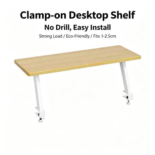 Clamp-on Desktop Shelf Monitor Stand Riser, No Drill Wooden Desk Organizer Storage Rack for