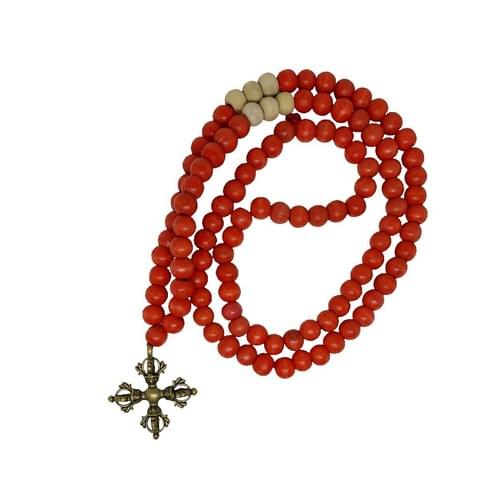 Mala with 108 Wood Beads in Red and Natural with Vajra