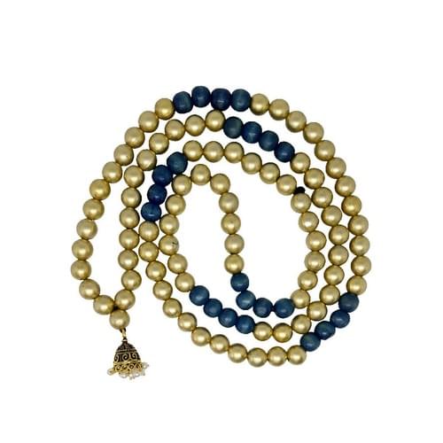 Mala with 108 Beads Plastic in Gold and Wood Beads in Blue with a Pendant 1